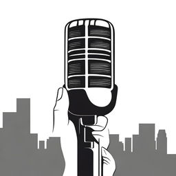 A simple contour drawing of a hand holding a microphone in black and white