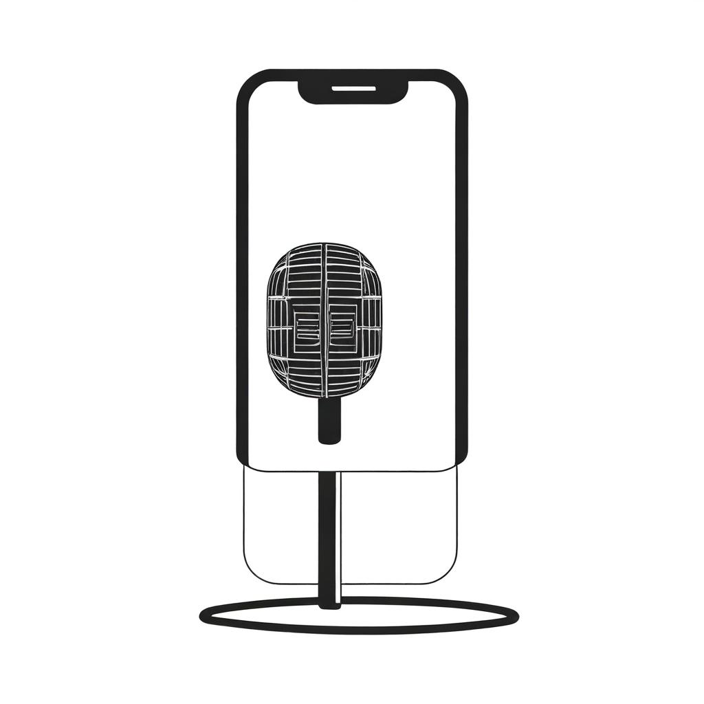 A simple contour drawing of a mobile phone with a microphone in black and white