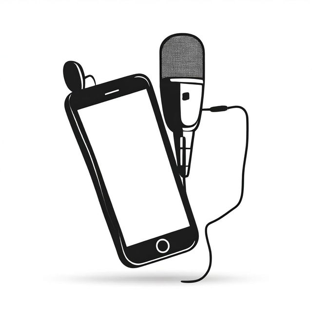 A simple contour drawing of a mobile phone with a microphone in black and white