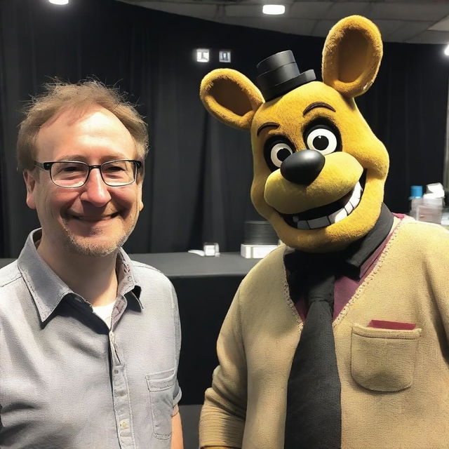 A man wearing glasses standing next to Scott Cawthon, the creator of Five Nights at Freddy's