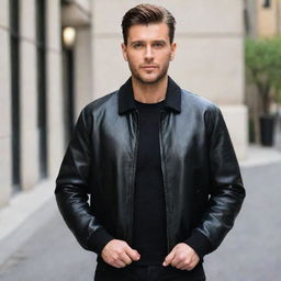 A man wearing a stylish black bomber leather jacket with a straight collar.