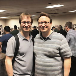 A man wearing glasses standing next to Scott Cawthon, the creator of Five Nights at Freddy's