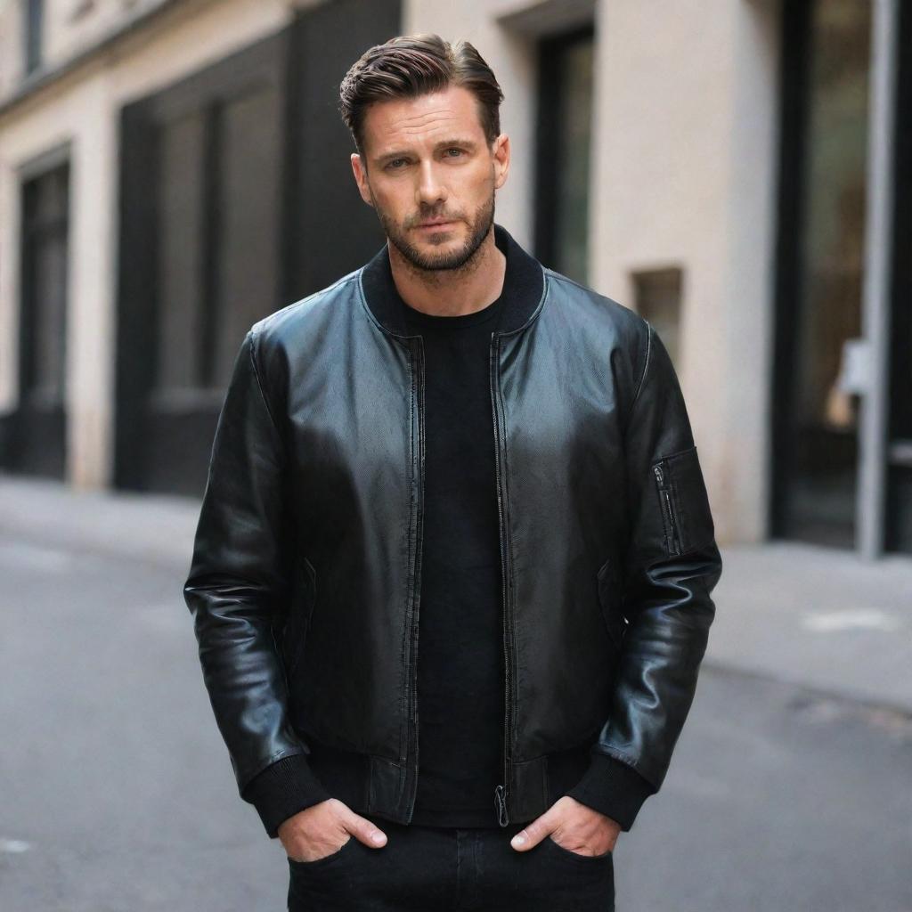 A man wearing a stylish black bomber leather jacket with a straight collar.