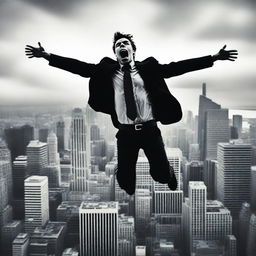 A dramatic scene of a man falling off a tall building, with the city skyline in the background