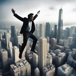 A dramatic scene of a man falling off a tall building, with the city skyline in the background