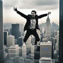 A dramatic scene of a man falling off a tall building, with the city skyline in the background