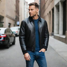 A man wearing a stylish black bomber leather jacket with a straight collar.