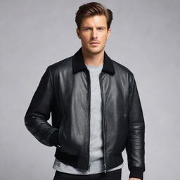 A man wearing a stylish black bomber leather jacket with a straight collar.