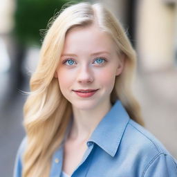 A beautiful 19-year-old blonde woman with blue eyes, wearing stylish clothing