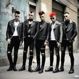 Un grupo de punk en la calle con la cresta parada, vistiendo ropa punk clásica como chaquetas de cuero con tachuelas, pantalones rotos y botas