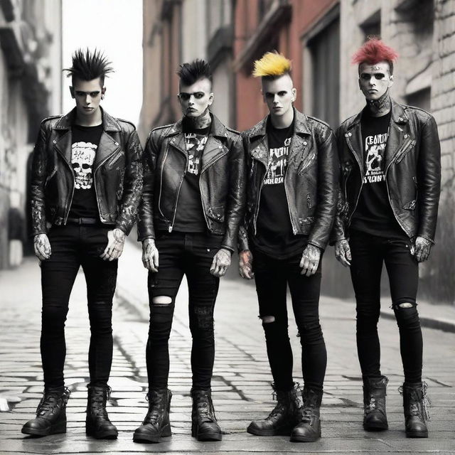 Un grupo de punk en la calle con la cresta parada, vistiendo ropa punk clásica como chaquetas de cuero con tachuelas, pantalones rotos y botas