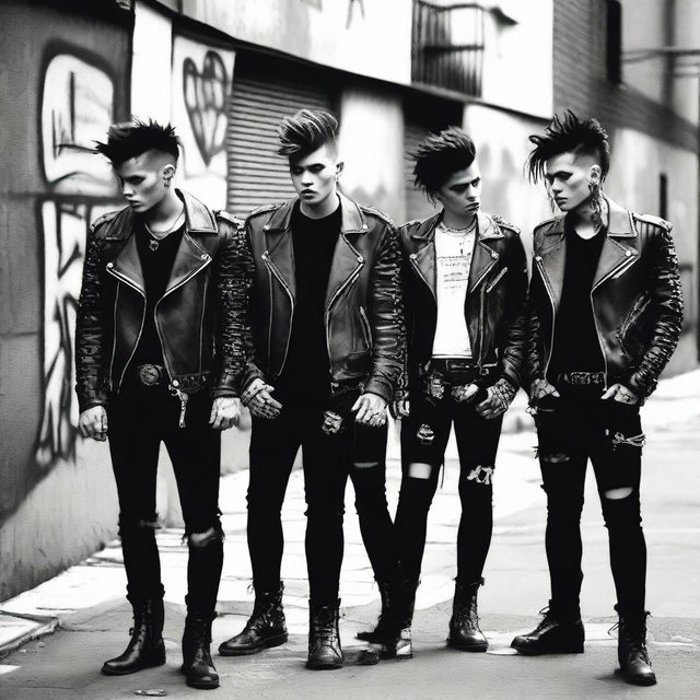 Un grupo de punk en la calle con la cresta parada, vistiendo ropa punk clásica como chaquetas de cuero con tachuelas, pantalones rotos y botas