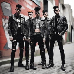 Un grupo de punk en la calle con la cresta parada, vistiendo ropa punk clásica como chaquetas de cuero con tachuelas, pantalones rotos y botas