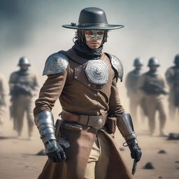 A time traveler equipped with futuristic gadgets and attire steps into a historical battlefield during a period of wars