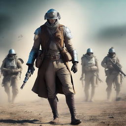 A time traveler equipped with futuristic gadgets and attire steps into a historical battlefield during a period of wars