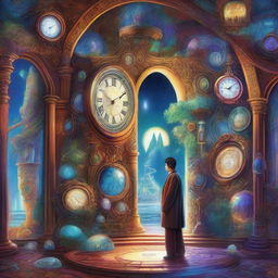 A stunning depiction of parallel worlds and time travel, featuring multiple dimensions with vibrant colors and intricate details