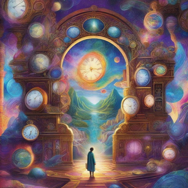 A stunning depiction of parallel worlds and time travel, featuring multiple dimensions with vibrant colors and intricate details