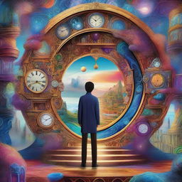 A stunning depiction of parallel worlds and time travel, featuring multiple dimensions with vibrant colors and intricate details