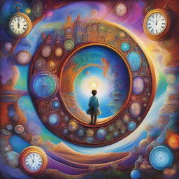 A stunning depiction of parallel worlds and time travel, featuring multiple dimensions with vibrant colors and intricate details