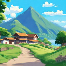 A beautiful and serene landscape featuring a peaceful village with traditional architecture, surrounded by lush greenery and mountains in the background