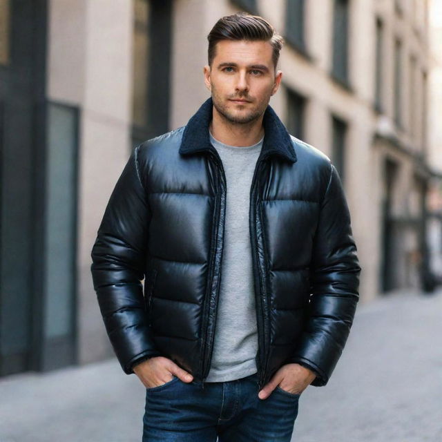 A man wearing a stylish puffer leather jacket with a straight collar.