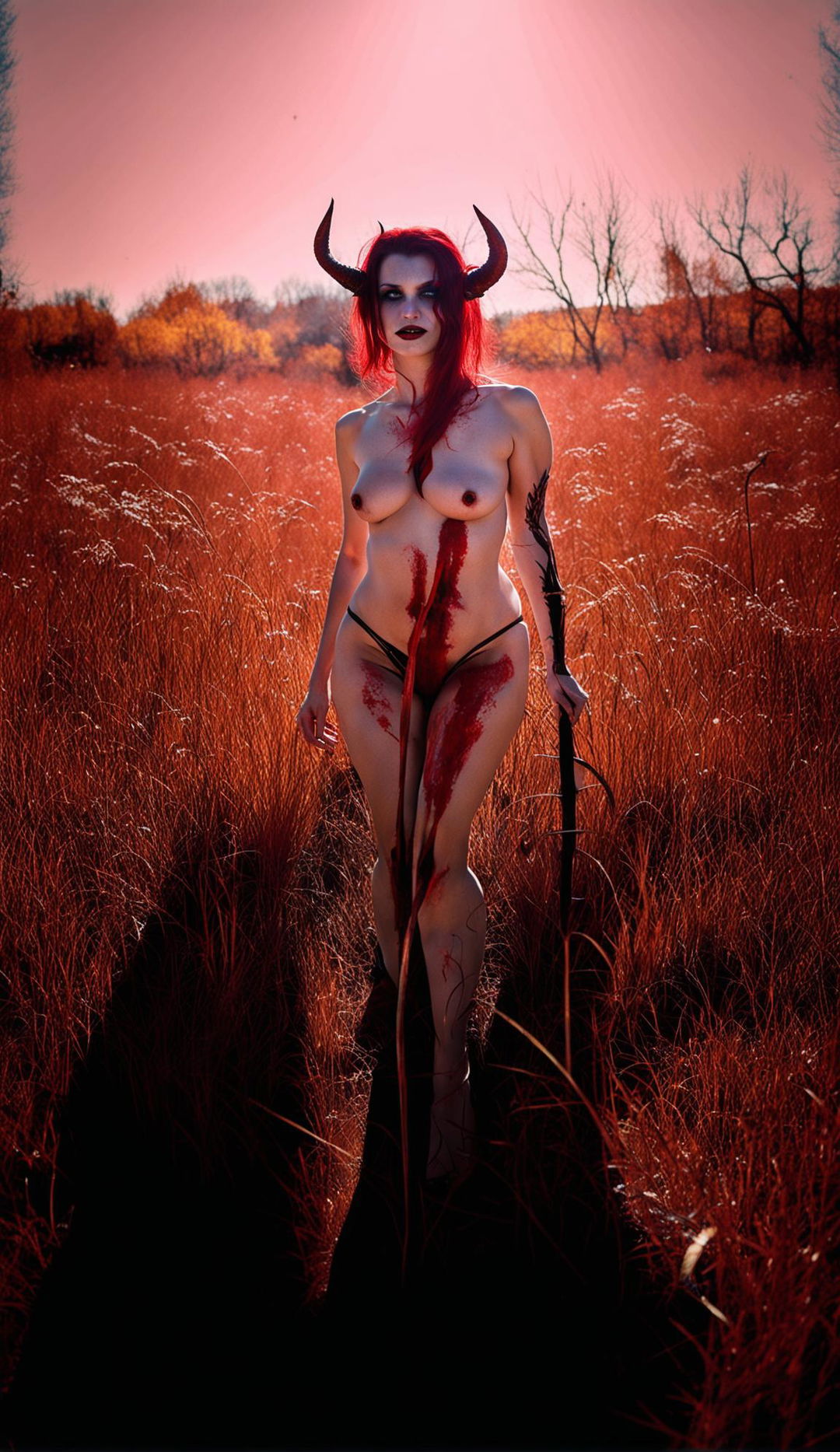 An edgy scene depicting a beautiful succubus standing confidently naked in a clearing on a bright sunny day