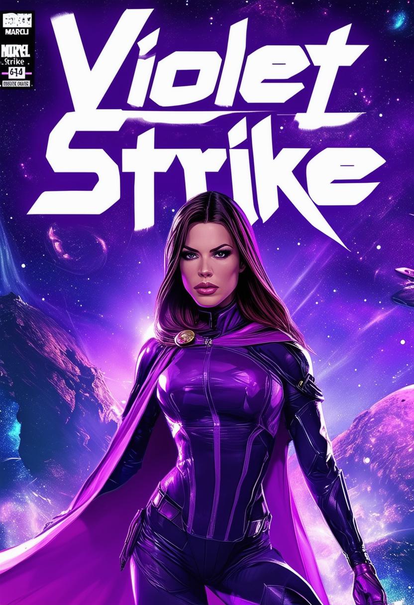 High-definition comic book cover titled 'Violet Strike' featuring a female superhero in a purple outfit and cape, with an epic space-themed background