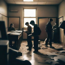 A group of students inside a room in a school during an apocalypse