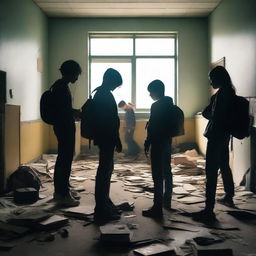 A group of students inside a room in a school during an apocalypse