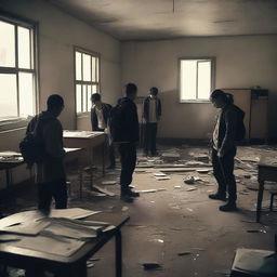 A group of students inside a room in a school during an apocalypse