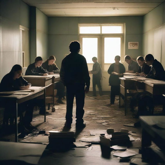 A group of students inside a room in a school during an apocalypse