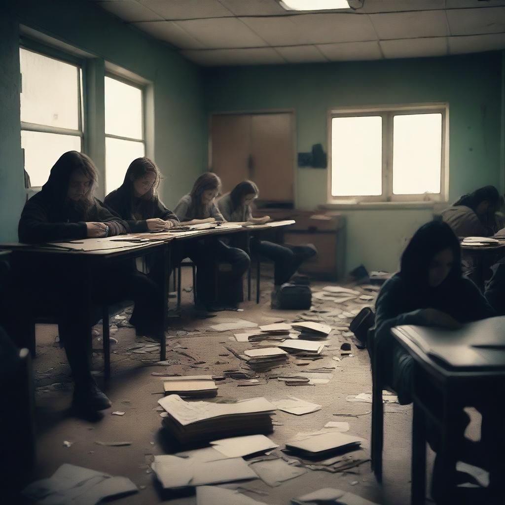 A group of students inside a room in a school during an apocalypse