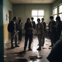 A group of students inside a room in a school during an apocalypse