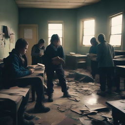 A group of students inside a room in a school during an apocalypse