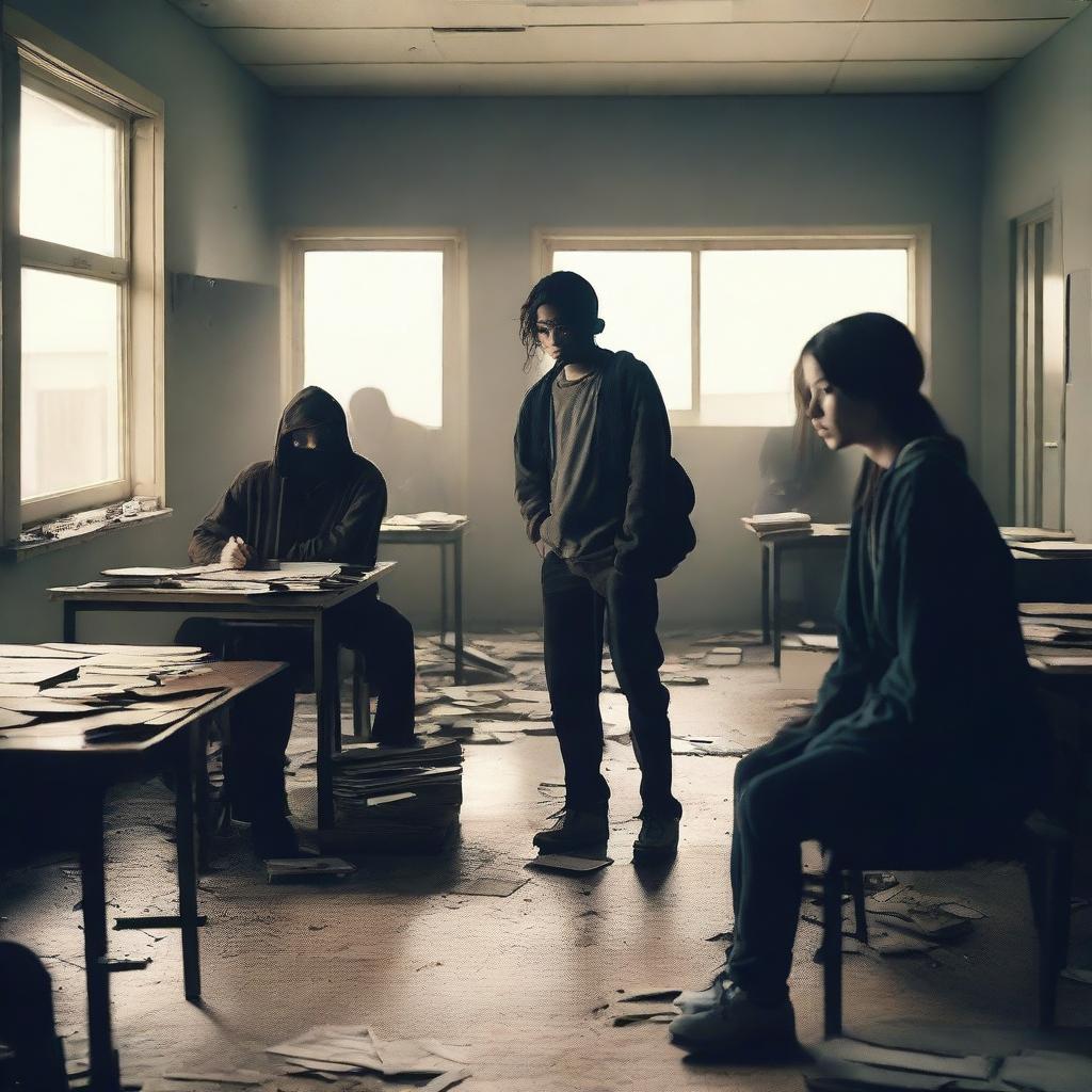 A group of students inside a room in a school during an apocalypse