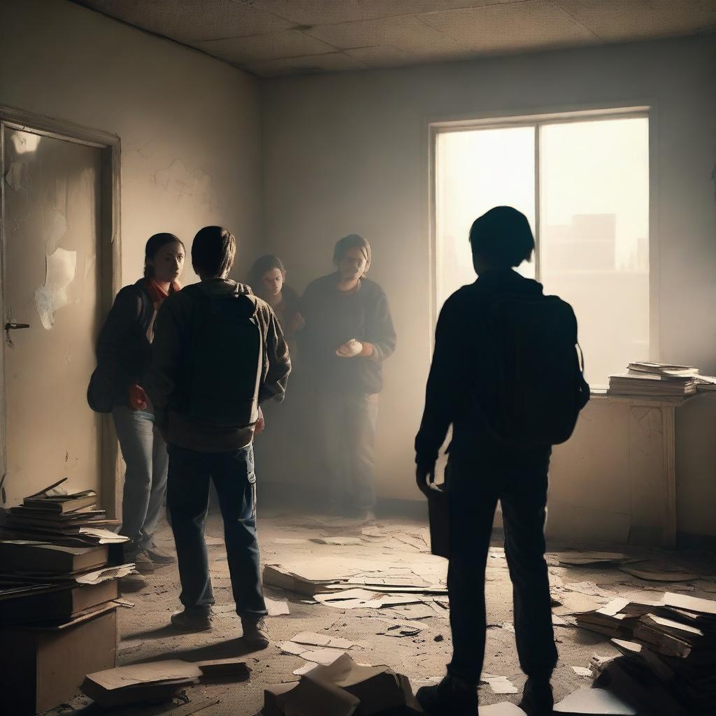 A group of students inside a room in a school during an apocalypse