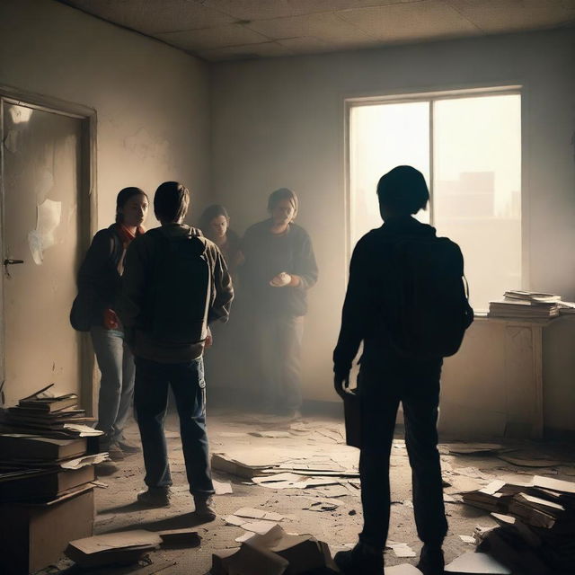 A group of students inside a room in a school during an apocalypse