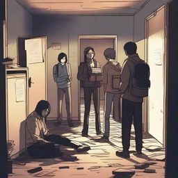 A group of students inside a room in a school during an apocalypse