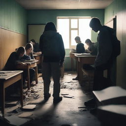 A group of students inside a room in a school during an apocalypse