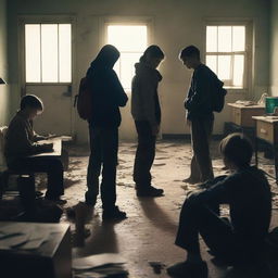 A group of students inside a room in a school during an apocalypse