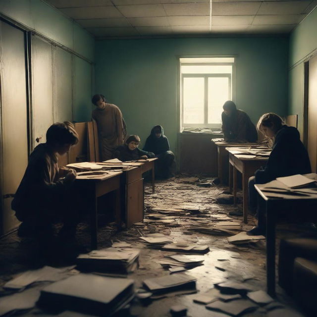 A group of students inside a room in a school during an apocalypse