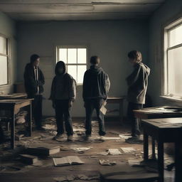 A group of students inside a room in a school during an apocalypse