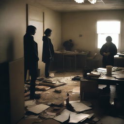 A group of students inside a room in a school during an apocalypse