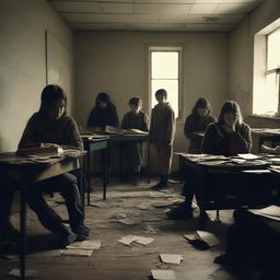 A group of students inside a room in a school during an apocalypse