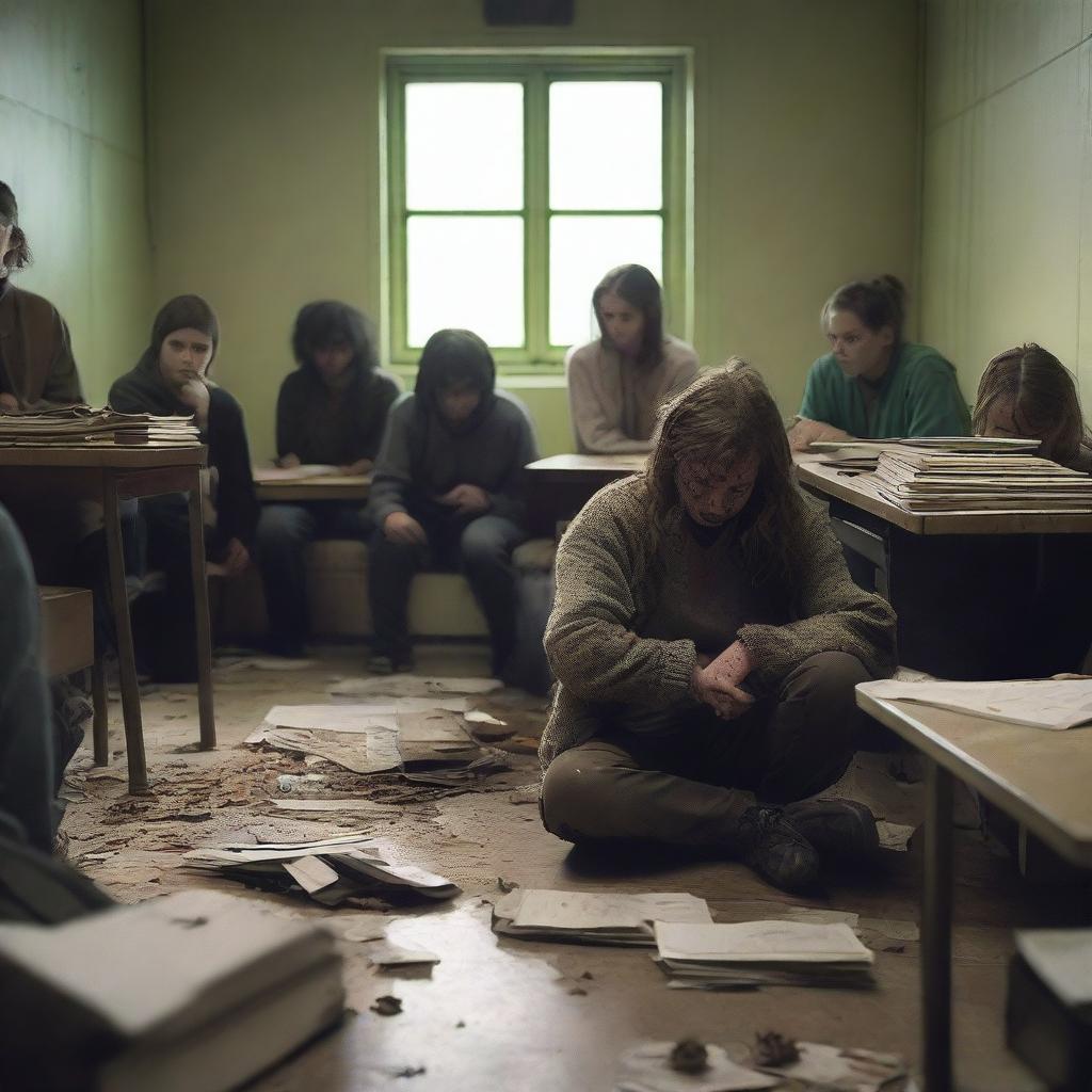 A group of students inside a room in a school during a zombie apocalypse