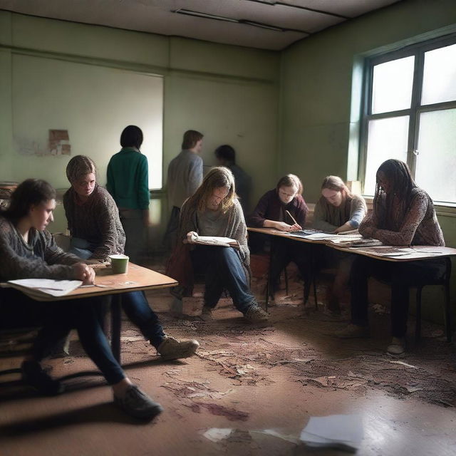 A group of students inside a room in a school during a zombie apocalypse