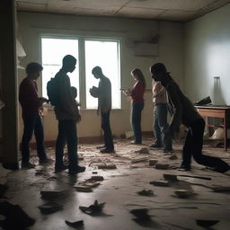 A group of students inside a room in a school during a zombie apocalypse