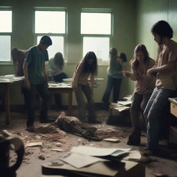 A group of students inside a room in a school during a zombie apocalypse