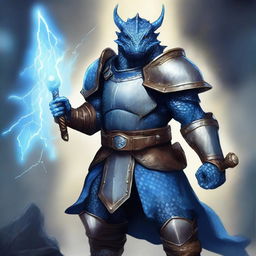 A blue dragonborn with light blue dots on his skin wearing cleric armor, holding a hammer that crackles with lightning