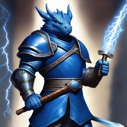 A blue dragonborn with light blue dots on his skin wearing cleric armor, holding a hammer that crackles with lightning